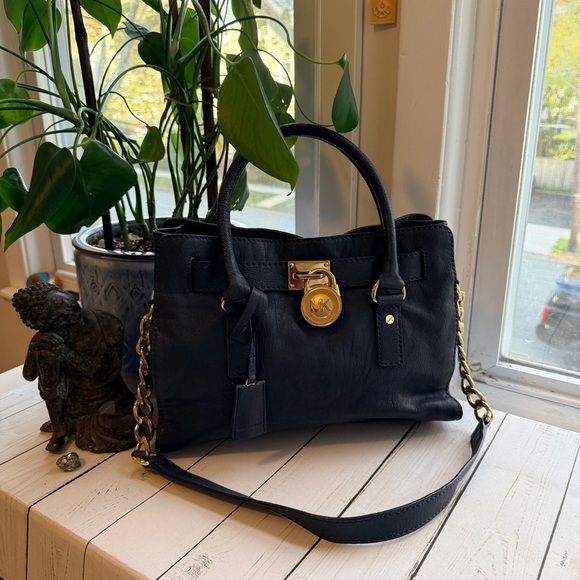 Michael Kors Handbags - Michael Kors | Navy Hamilton Satchel with Gold Accents